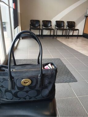 Coach Black Signature Shoulder Bag with Gold Turnlock